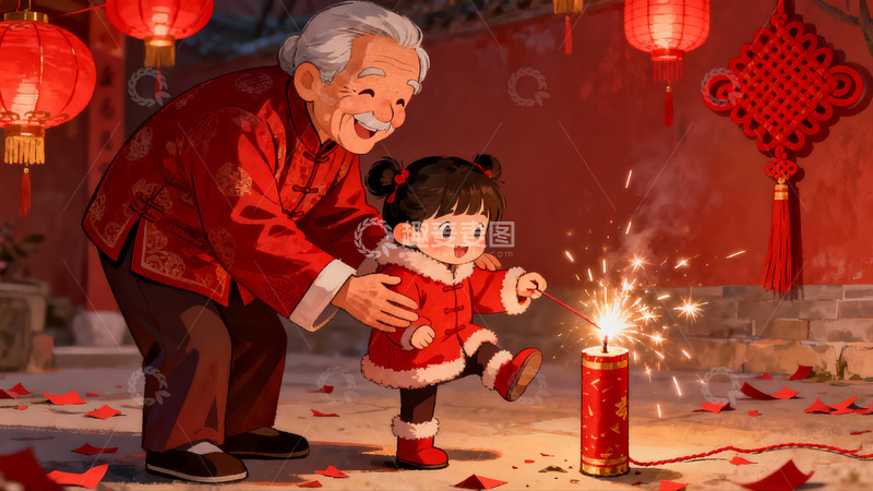 高清大图下载【趣麦麦图】祖孙点燃鞭炮欢庆节日