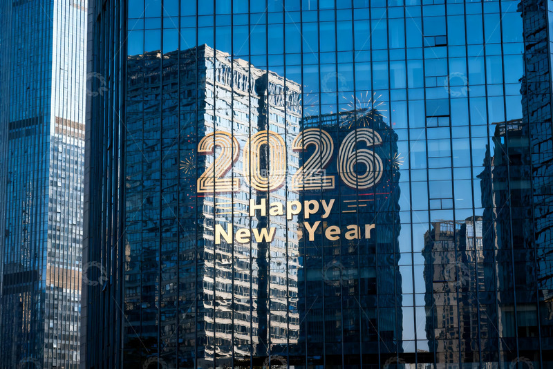 高清大图下载【趣麦麦图】2026新年祝福玻璃幕墙倒影