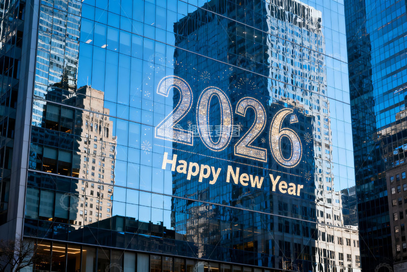 高清大图下载【趣麦麦图】2026新年贺词映于玻璃幕墙