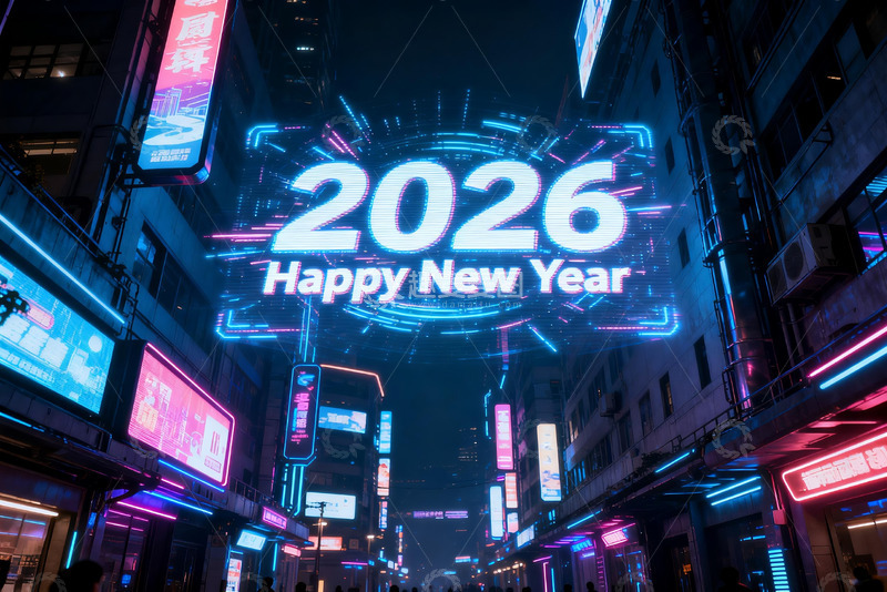 高清大图下载【趣麦麦图】2026新年夜景霓虹灯街