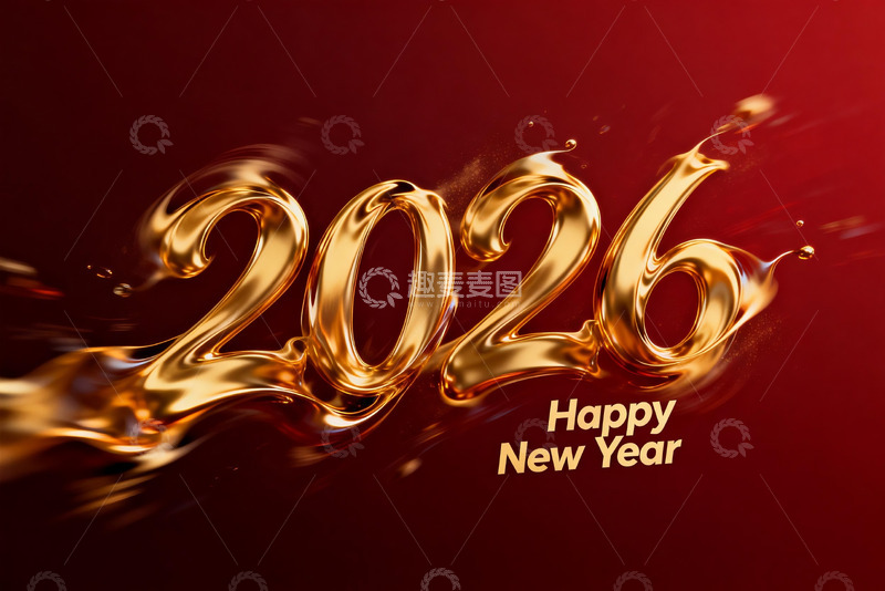 高清大图下载【趣麦麦图】金色液体数字2026新年贺图