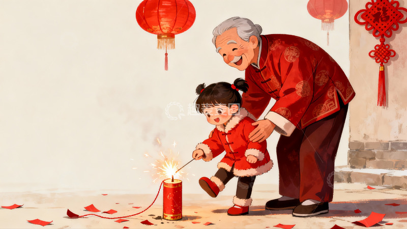 高清大图下载【趣麦麦图】祖孙共放鞭炮迎新春