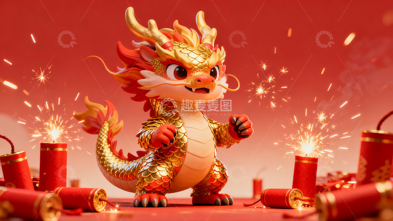 高清大图下载【趣麦麦图】金色小龙烟花庆祝新年