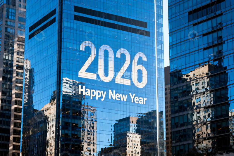 高清大图下载【趣麦麦图】2026新年贺词映于高楼玻璃