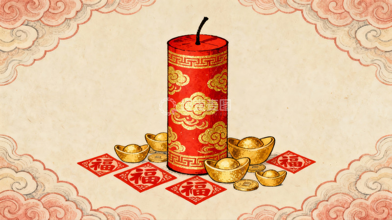 高清大图下载【趣麦麦图】春节爆竹金元宝福字装饰画