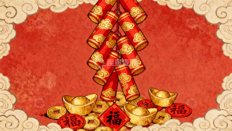 高清大图下载【趣麦麦图】春节爆竹金元宝寓意吉祥