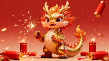卡通金龙手持烟花庆祝节日