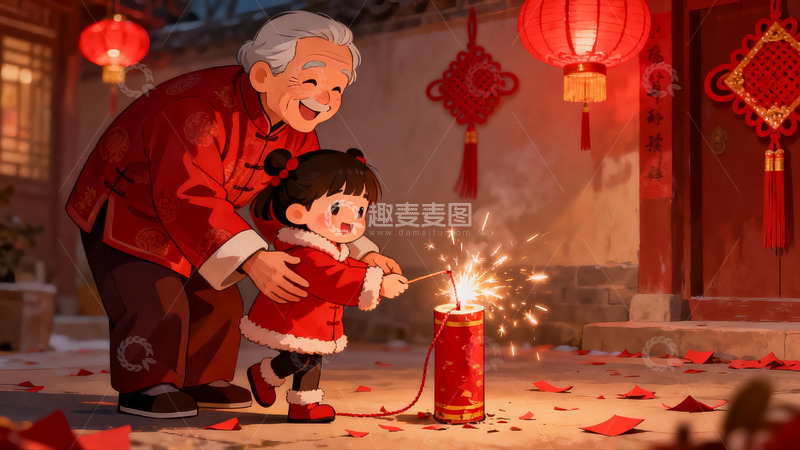 高清大图下载【趣麦麦图】祖孙点燃鞭炮欢庆节日