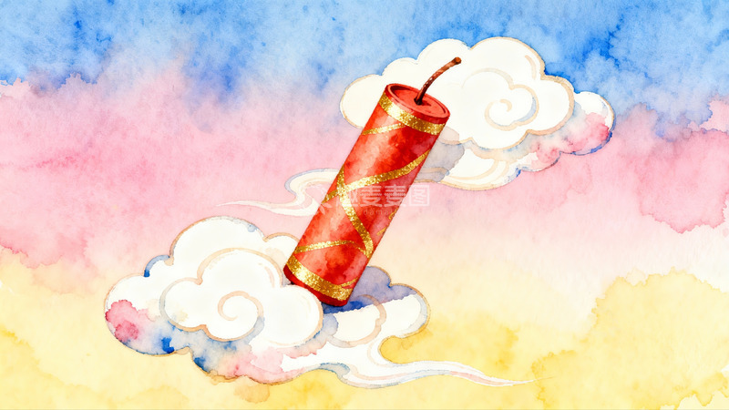 高清大图下载【趣麦麦图】水彩画中的红色鞭炮与祥云