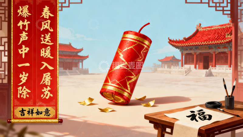 高清大图下载【趣麦麦图】春节爆竹与古建筑场景
