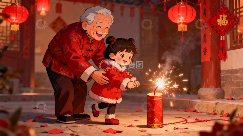高清大图下载【趣麦麦图】祖孙点燃鞭炮欢庆节日