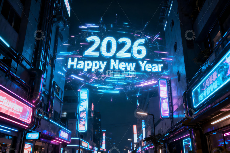 高清大图下载【趣麦麦图】2026新年夜景霓虹灯街