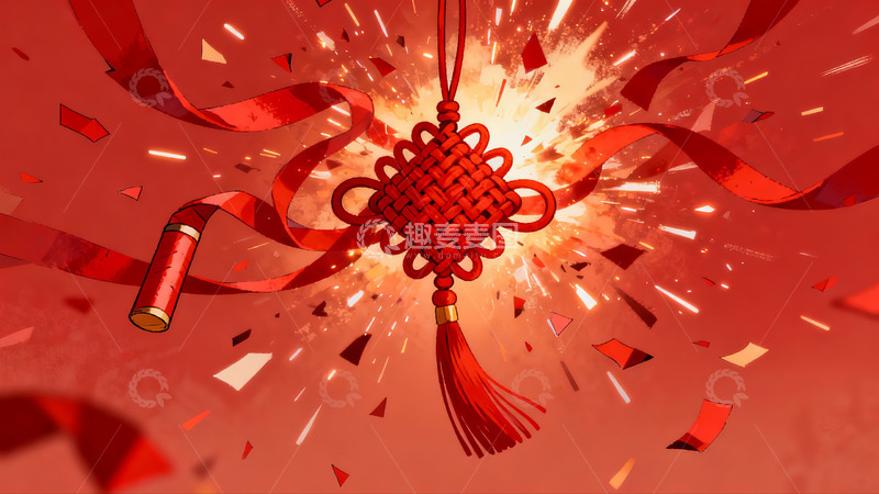 高清大图下载【趣麦麦图】红色中国结烟花绽放
