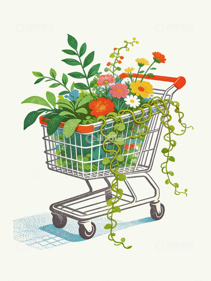 源文件下载【趣麦麦图】插画风格购物车里的鲜花3