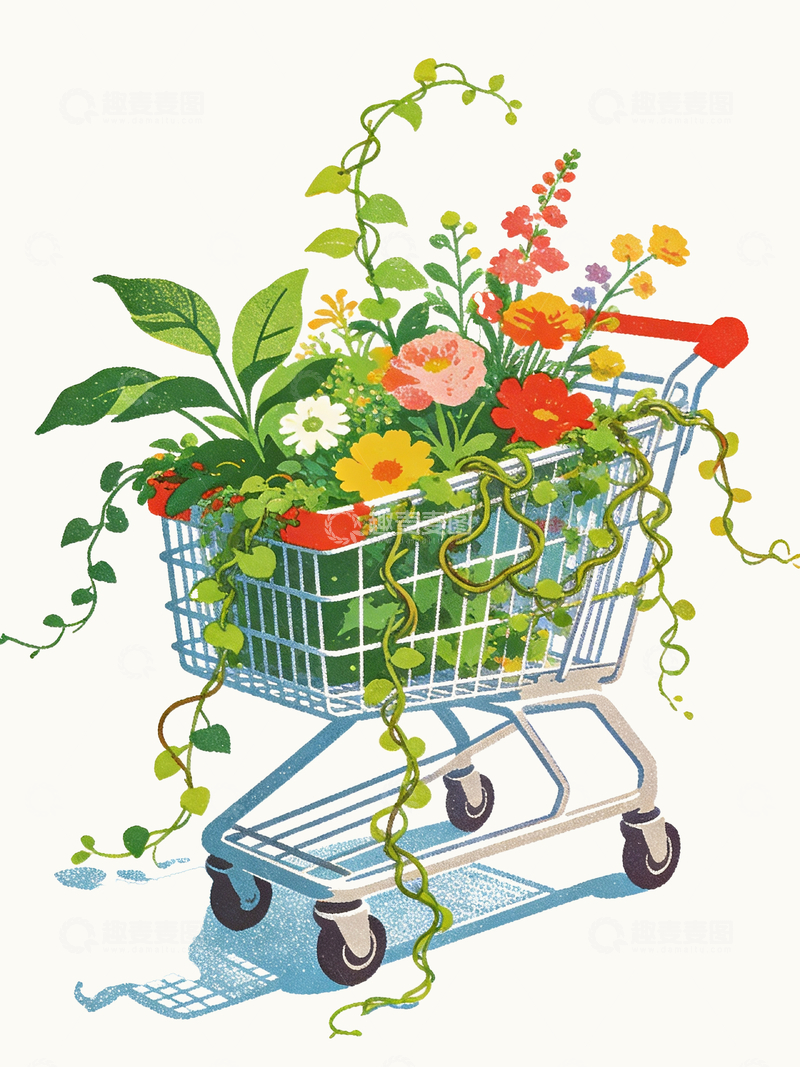 源文件下载【趣麦麦图】插画风格购物车里的鲜花4