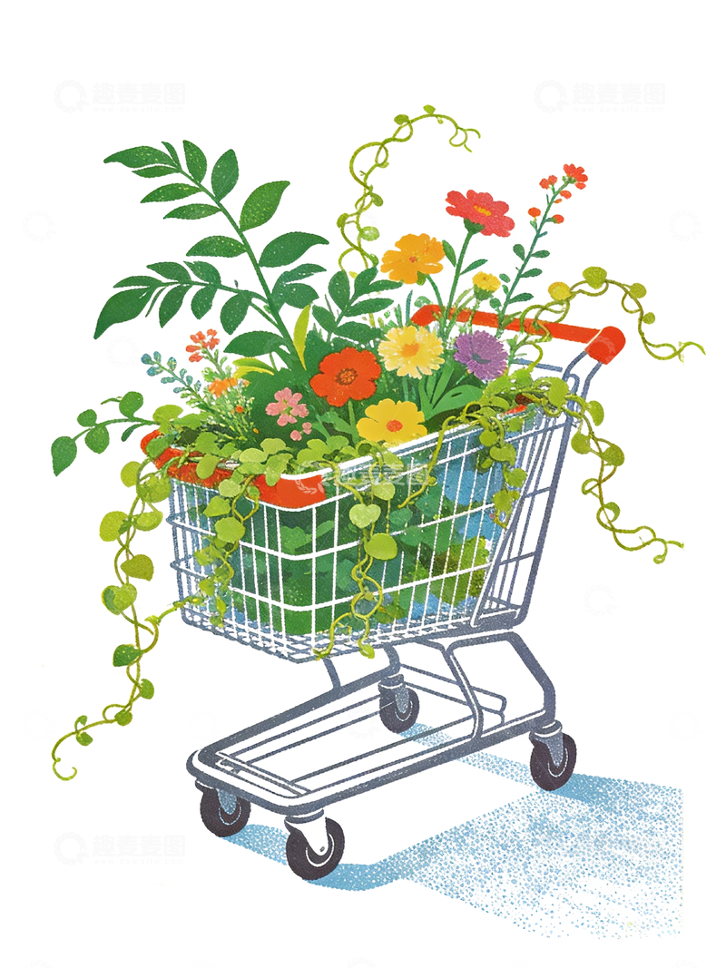 源文件下载【趣麦麦图】插画风格购物车里的鲜花2