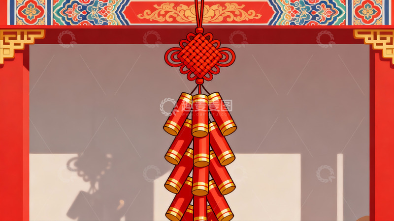 高清大图下载【趣麦麦图】春节装饰红灯笼与鞭炮