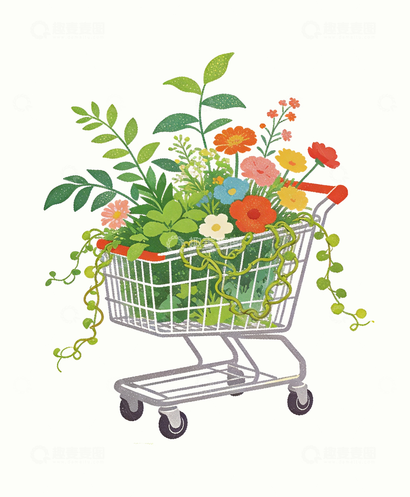 源文件下载【趣麦麦图】插画风格购物车里的鲜花1