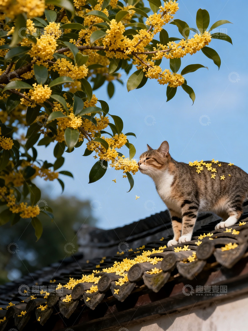 高清大图下载【趣麦麦图】屋顶树枝猫咪4