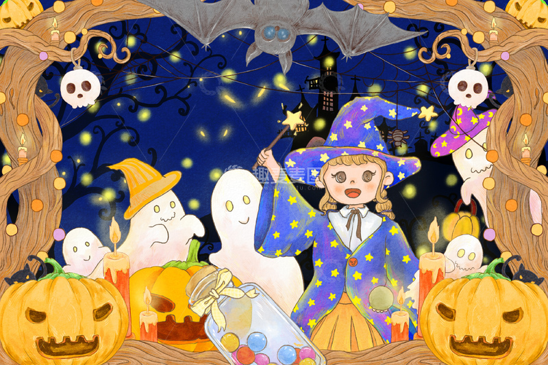 源文件下载【趣麦麦图】万圣节巫婆幽灵南瓜插画