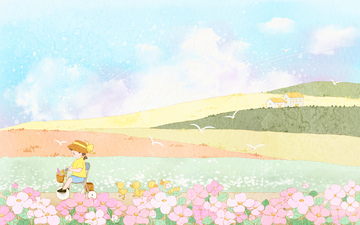 春天夏天田园风光童趣插画