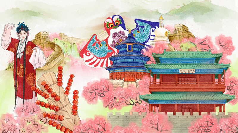 水彩中国古建筑樱花节日插画