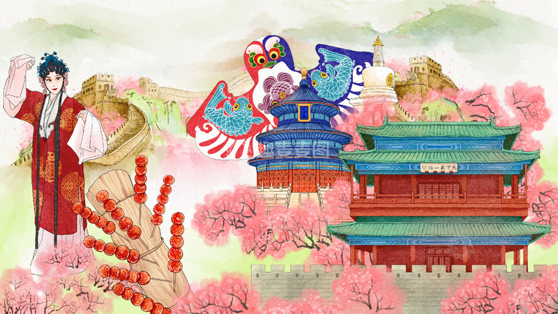 源文件下载【趣麦麦图】-水彩中国古建筑樱花节日插画