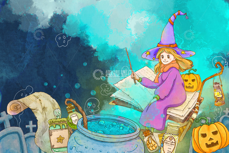源文件下载【趣麦麦图】万圣节女巫魔法场景插画