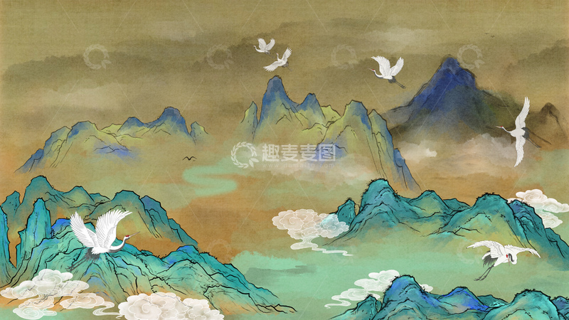 源文件下载【趣麦麦图】山水画仙鹤飞翔国画素材