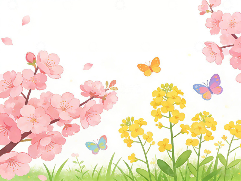高清大图下载【趣麦麦图】春日樱花油菜花蝴蝶插画