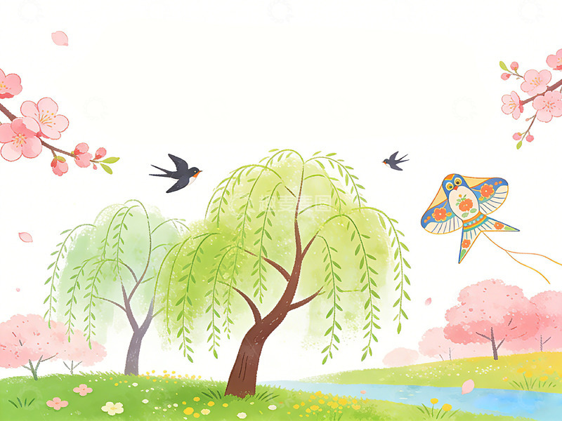 高清大图下载【趣麦麦图】春日樱花风筝美景插画