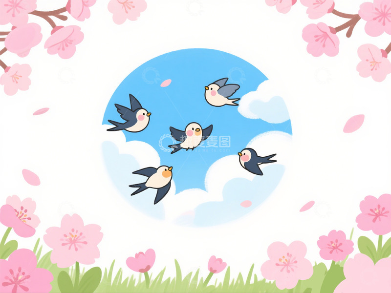 高清大图下载【趣麦麦图】春日樱花与飞鸟卡通插画