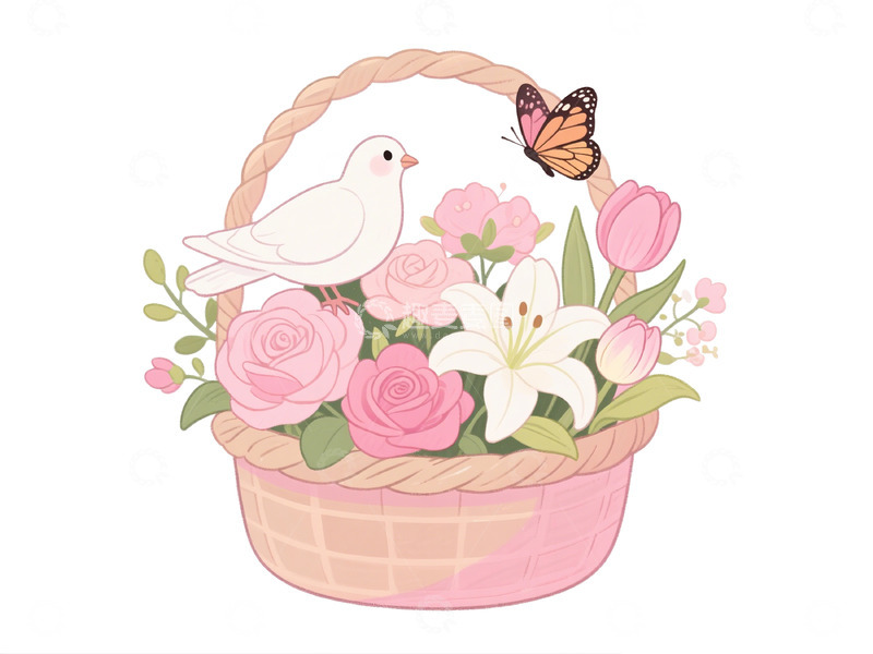 高清大图下载【趣麦麦图】卡通风格鲜花篮插画设计素材