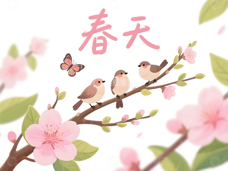 高清大图下载【趣麦麦图】春天小鸟樱花插画