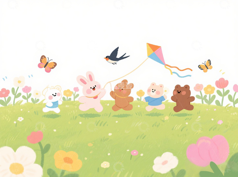 高清大图下载【趣麦麦图】童趣草地放风筝插画