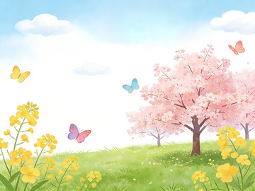 春日樱花油菜花蝴蝶插画