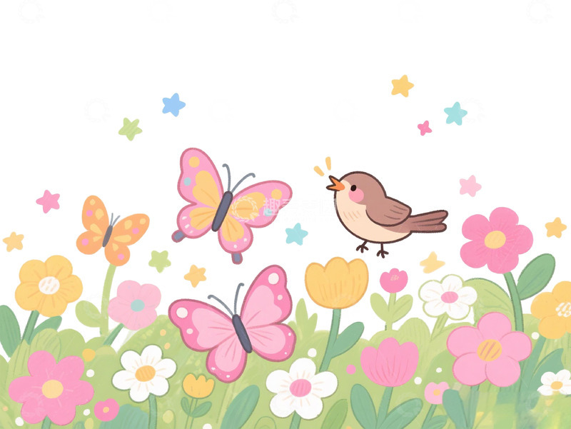 高清大图下载【趣麦麦图】卡通春天花卉小鸟插画