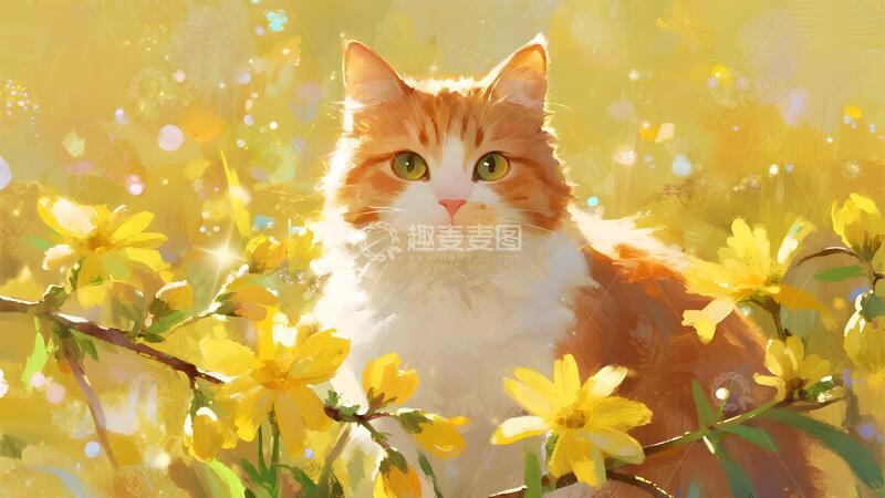 高清大图下载【趣麦麦图】萌猫油画风迎春花春日插画素材