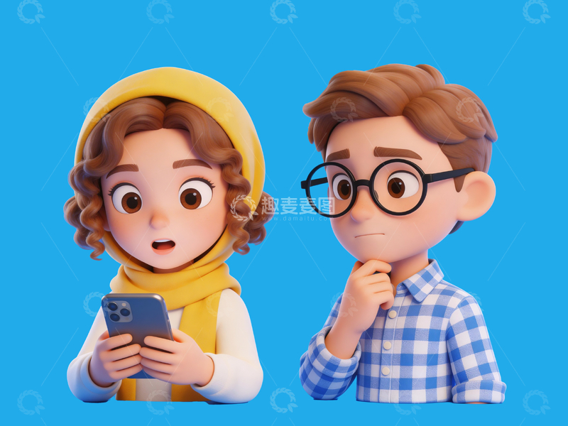 源文件下载【趣麦麦图】q版3d两个看手机的年轻人2
