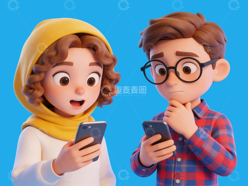 源文件下载【趣麦麦图】q版3d两个看手机的年轻人1