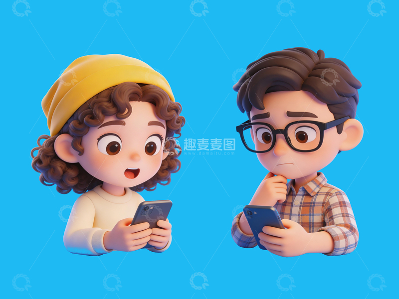 源文件下载【趣麦麦图】q版3d两个看手机的年轻人3