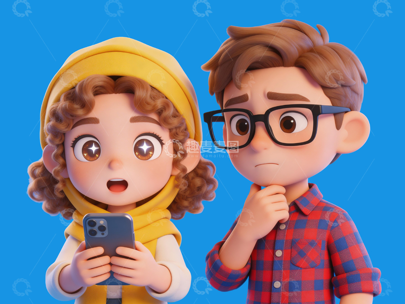 源文件下载【趣麦麦图】q版3d两个看手机的年轻人4