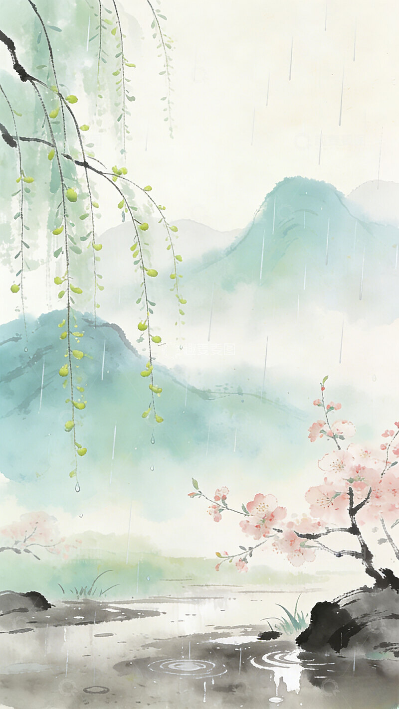 高清大图下载【趣麦麦图】水墨青山春雨桃花背景