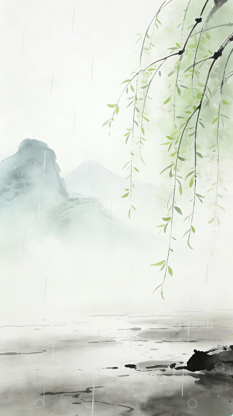 高清大图下载【趣麦麦图】水墨风远山雨季背景