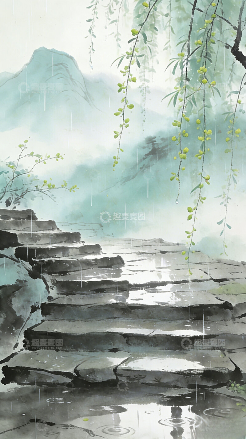 高清大图下载【趣麦麦图】水墨山水雨中石阶