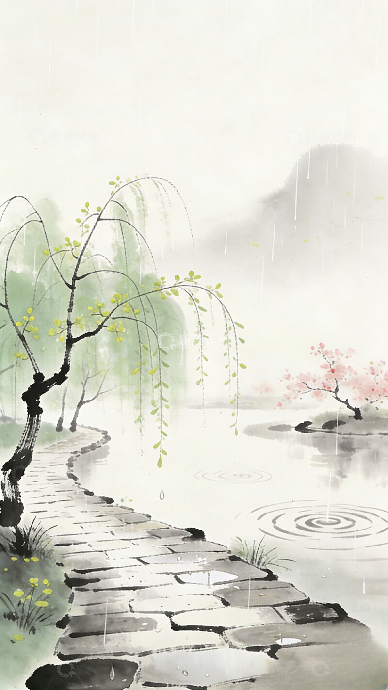 高清大图下载【趣麦麦图】水墨画春雨小路江南背景