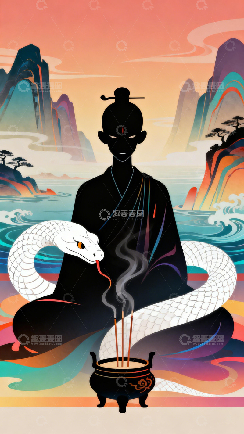 高清大图下载【趣麦麦图】东方禅意水墨人物蛇香熏插画