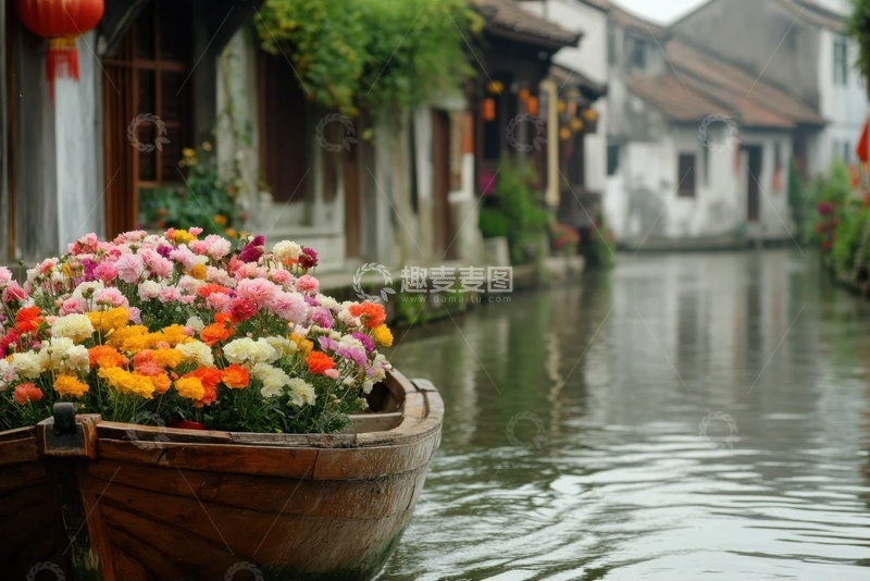 高清大图下载【趣麦麦图】河道里装满鲜花的小木船