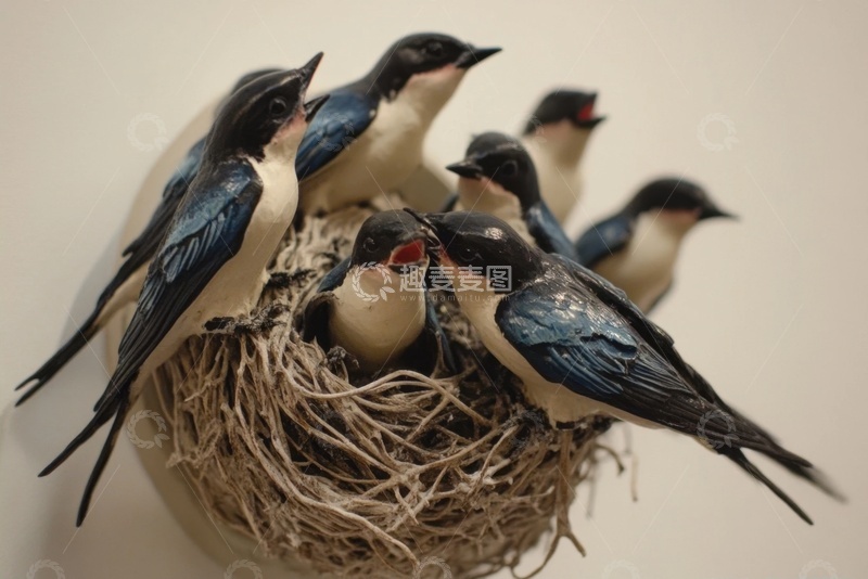 高清大图下载【趣麦麦图】泥塑的一窝燕子装饰品