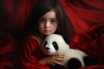 可爱的女孩抱着熊猫玩具